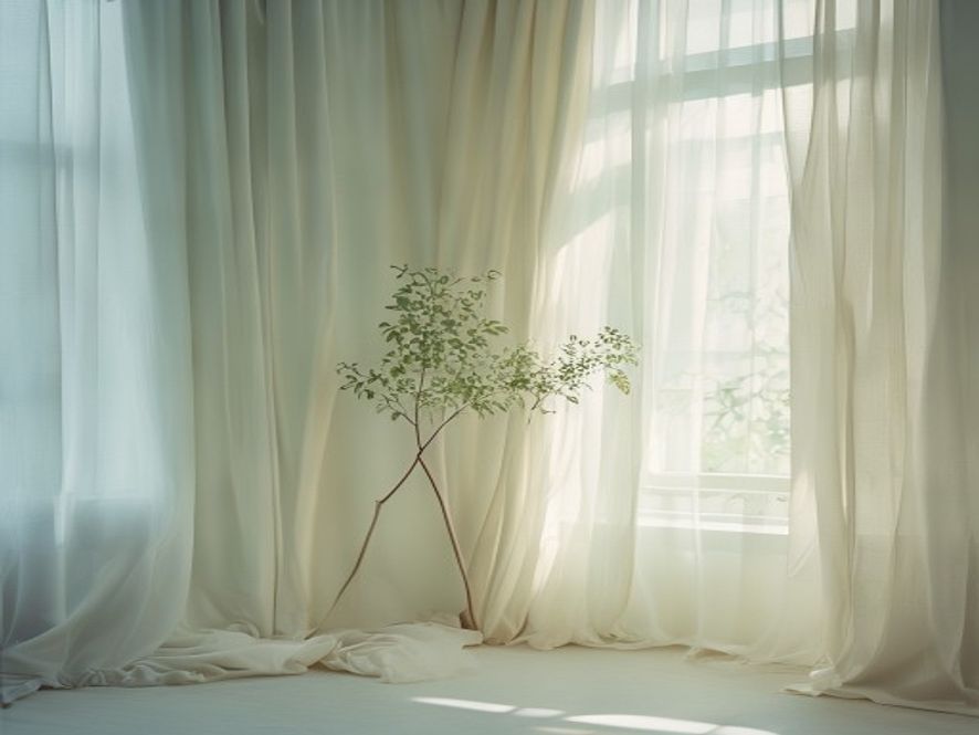 Stille meditativ kammer med naturligt sollys gennem gardin